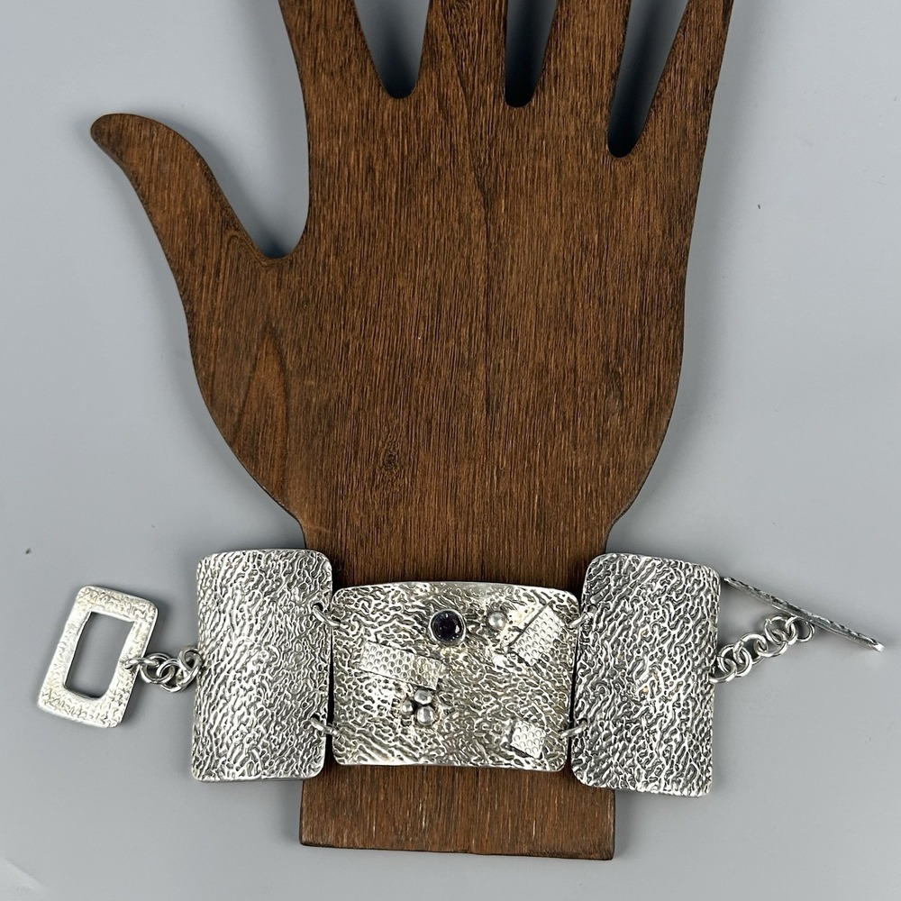 Sterling Silver Reticulated Brutalist Modernist Blue Stone Panel Bracelet 53.25g